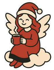 Cute angel girl in Santa hat sitting on cloud with cup of hot drink, cozy Christmas illustration