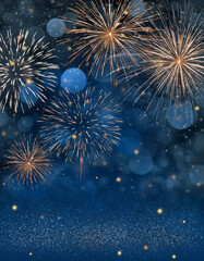 Fototapeta premium Gold and blue Fireworks and bokeh in New Year eve and copy space. Abstract background holiday. 