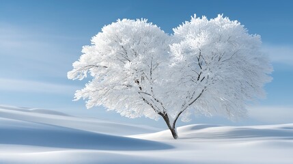 A solitary winter tree shaped like a heart, covered in frost and snow, under a magical snowfall