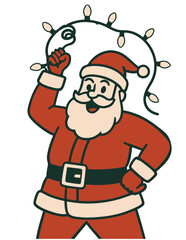 Funny Santa Claus swinging Christmas garland like a rodeo, festive vector illustration