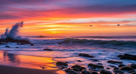 Vibrant Sunset Over Crashing Waves on Rocky Shoreline.