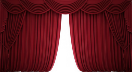Red velvet stage curtains with elegant drapes and open gap