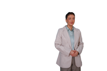 Businesswoman posing with folded hands, looking to the side, wearing a beige blazer and plaid pants. Transparent background