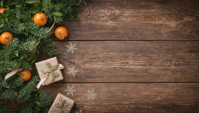New Year arrangement featuring tangerines and gifts on a rustic wooden surface with Christmas tree garland backdrop, seasonal celebration