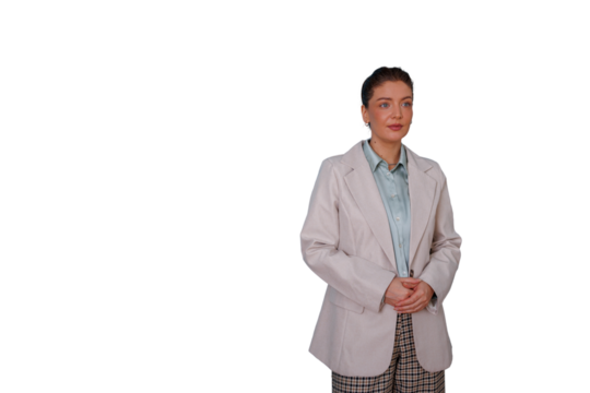 Businesswoman posing with folded hands, looking to the side, wearing a beige blazer and plaid pants. Transparent background