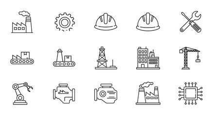 Naklejka premium Industrial line icon set featuring production, manufacturing, construction, engineering, industrial machinery, engines, factories, and technology, perfect for modern business and industry