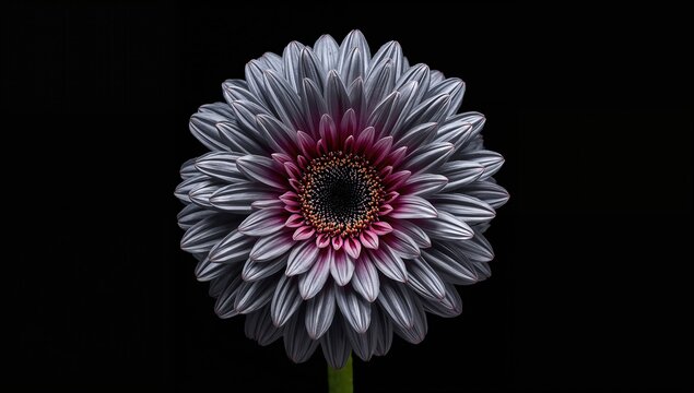 Vibrant bloom against a dark backdrop for artistic use. Detailed close-up. Grey-toned aster with a shiny surface. Overhead view of a fresh ranunculus blossom.