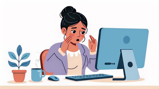 Overwhelmed woman experiencing work pressure cartoon, illustrating office burnout cartoon with stress and anxiety at her desk
