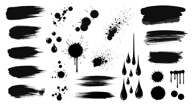 Collection of black ink splatters, paint droplets, and brush strokes isolated on a white background, digitally generated vector design elements, perfect for graphic resources and creative projects.
