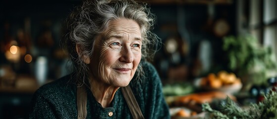 Obraz premium Candid portrait of senior woman cooking in cozy kitchen, natural lighting, genuine emotion, high quality