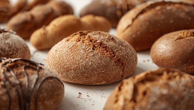 Whole grain bread assortment displayed on a white backdrop, fiber-dense choice