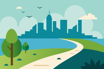 Fototapeta premium Walking Path by Lake Cityscape Vector 