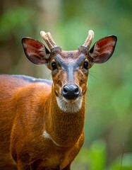 Close-up of a brown deer with small antlers, peering at the viewer in a lush green forest
