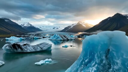 Glaciers stretching towards the horizon, their icy faces glistening in the sunlight, as a serene and majestic scene unfolds, perfectly capturing the essence of Icelandic nature.