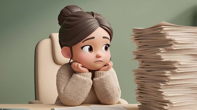 Cute work pressure cartoon an overwhelmed employee faces a mountain of paperwork, reflecting profound office burnout cartoon and the stress of an intense, demanding professional workload