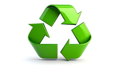 Obraz premium 3D realistic recycling symbol icon with green arrows in circular motion, representing sustainability, eco-friendly practices, and environmental protection, isolated on white background.