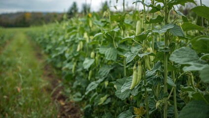 A colorful field filled with thriving green pea crops planted in orderly lines, highlighting the essence of eco-friendly farming.