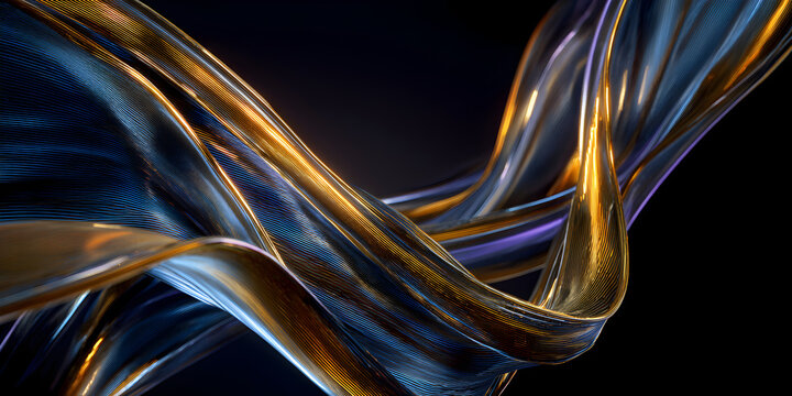 Stunning abstract golden and blue ribbons flow elegantly, creating a sense of dynamic motion and luxury in a dark, sophisticated background. - Powered by Adobe