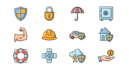 Vivid collection of insurance and defense line icons, featuring editable strokes. Perfect for graphic designs, books, advertisements, and app development. This vector cartoon illustration set offers