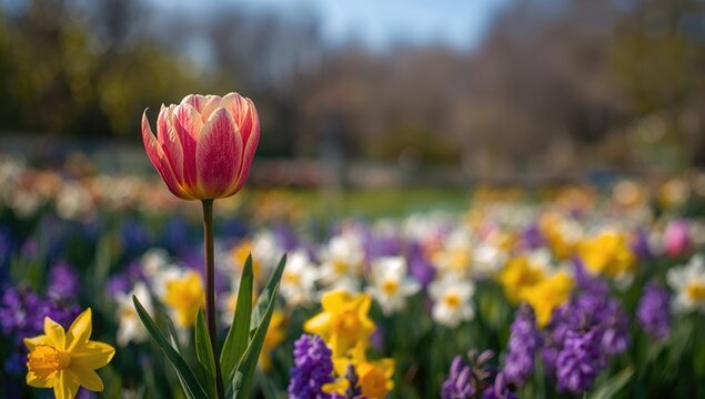 Blurred Background of Lively Tulip Surrounded by Colorful Blooms in a Spring Garden, UI backdrop