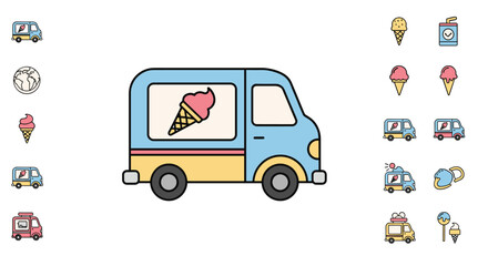 Vibrant and playful cartoon illustration of a light blue and yellow ice cream van, featuring a pink ice cream cone graphic on its side, set against a clean white background. This minimalistic symbol