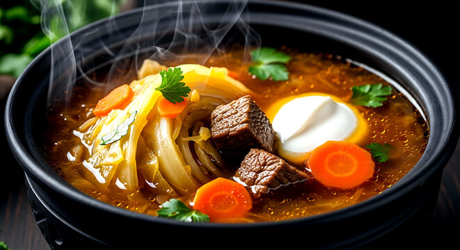 European shchi cabbage soup, showing tender cabbage leaves, chunks of beef, and carrots in a rich amber broth with a dollop of sour cream melting on the surface 