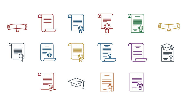 Set of colorful minimalistic linear pictograms representing diplomas, certificates, and graduation caps, ideal for web design, graphic design, apps, banners, social networks, and cards, symbolizing