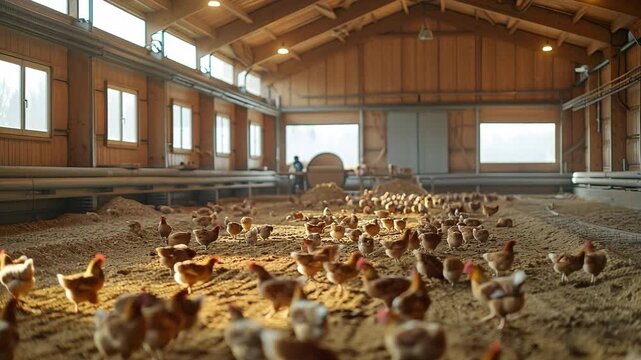 Chickens explore a spacious poultry barn filled with natural light. The wooden structure provides a comfortable environment as the birds move freely over the bedding