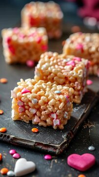 A tantalizing assortment of Rice Krispies treats drizzled with pink and white icing, sprinkled with tiny hearts in various colors. This delectable dessert is ready to be enjoyed!