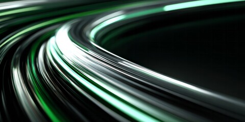 Flowing bright green and silver light streams curve dynamically across a dark background