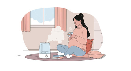 Pregnant woman enjoying a humidifier, ideal for wellness and health articles focused on maternity care