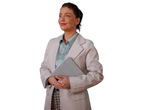 Confident businesswoman smiling, holding a tablet on a transparent background, looking forward with vision and leadership
