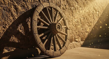 A weathered wooden wagon wheel leaning against a textured wall with sunlight and dust motes visible