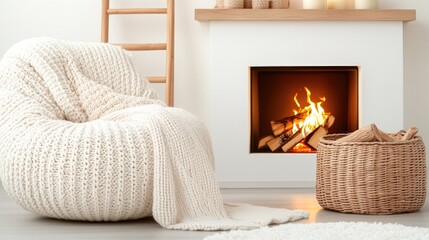 Naklejka premium Cozy living room atmosphere with a warm fireplace and inviting decor for relaxed evenings