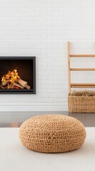 Naklejka premium Cozy winter retreat featuring a warm fireplace and modern living room decor ideal for relaxation