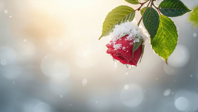 Close-up of a rose branch adorned with small wet green leaves and snow, seasonal beauty, New Year theme - Powered by Adobe