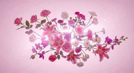 Arrangement of pink and white flowers including roses lilies and orchids on a pink background ai generated