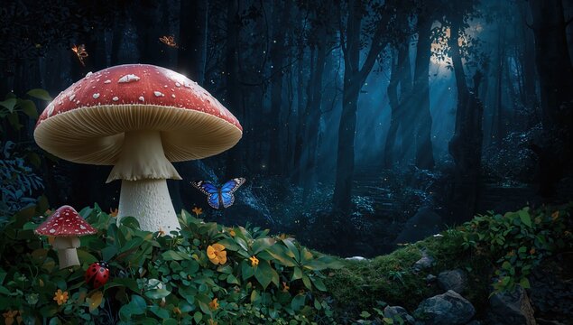 Magical glade with mushrooms, ladybug, and butterflies in a mystical forest setting, enchanting atmosphere at night
