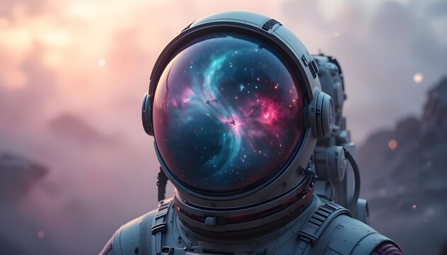 A stunning astronaut helmet reflects a vibrant nebula, evoking cosmic wonder and futuristic space exploration against a distant alien landscape.
