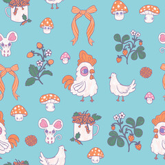 Rooster, chicken, mushrooms, and berries pattern. White farm birds. Children's blue folk wallpaper in country style. Easter seasonal cartoon wallpaper.