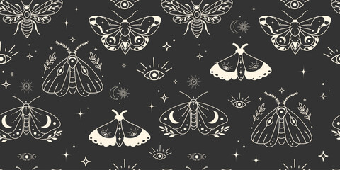 Mystical Moth and Butterfly Seamless Pattern with Celestial Symbols. Boho Dark Pattern with Butterflies, Crescent Moons and Stars for fabric, wallpaper, packaging, stationery, wrapping paper. Vector © Ilonka eva