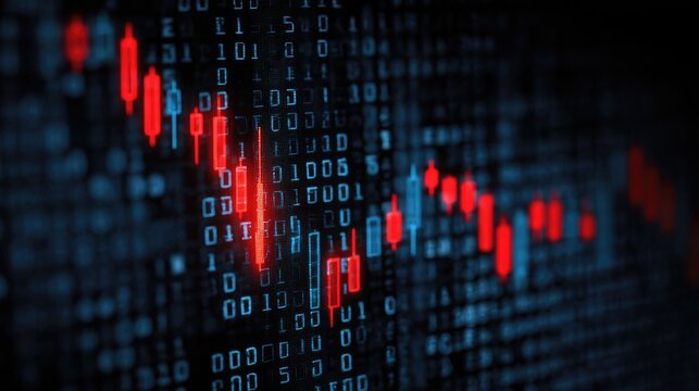Abstract representation of digital data patterns with binary code and stock market trends featuring fluctuating graphs and vivid colors for financial themes - Powered by Adobe