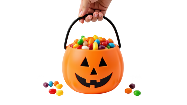 Hand holds festive orange pumpkin shaped bucket filled with colorful candies, perfect for Halloween celebrations