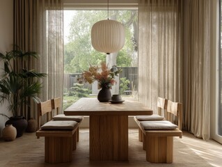 A table with four chairs and a lamp hanging above it. A vase with flowers on the table