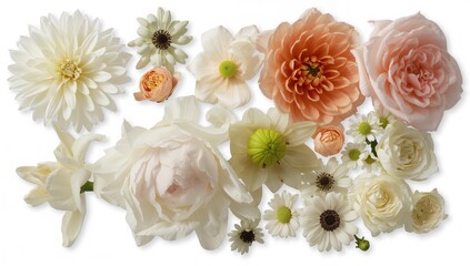 Collection of various white flowers including dahlia, rose, chamomile, daffodil, peony, daisy, hellebore on white background, suitable for floral design