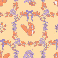 Squirrel, rose hips, and sea buckthorn. Checkered floral folk pattern. Botanical orange children's wallpaper. Animals, plants, and flowers wallpaper. Cozy fairytale print.