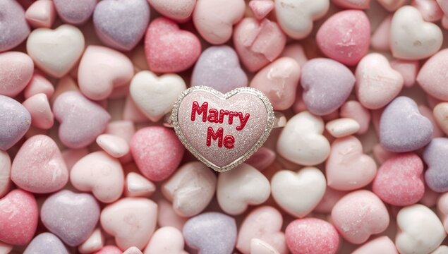 A platinum engagement ring featuring a heart-shaped candy in the middle, surrounded by pastel heart candies, symbolizing love and romance