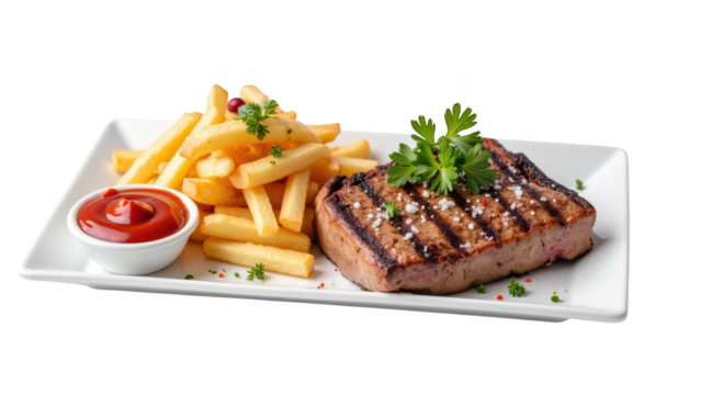 Juicy steak with crispy fries and side of ketchup, garnished with fresh parsley, creating delicious and appetizing meal