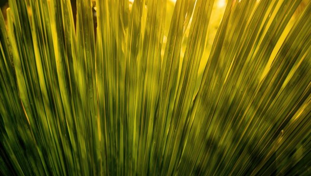 Detailed view of a vibrant palm leaf showcasing its intricate veins illuminated by sunlight