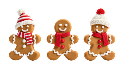 Naklejka premium Gingerbread cookies with festive decorations, including hats and scarves, create cheerful holiday atmosphere